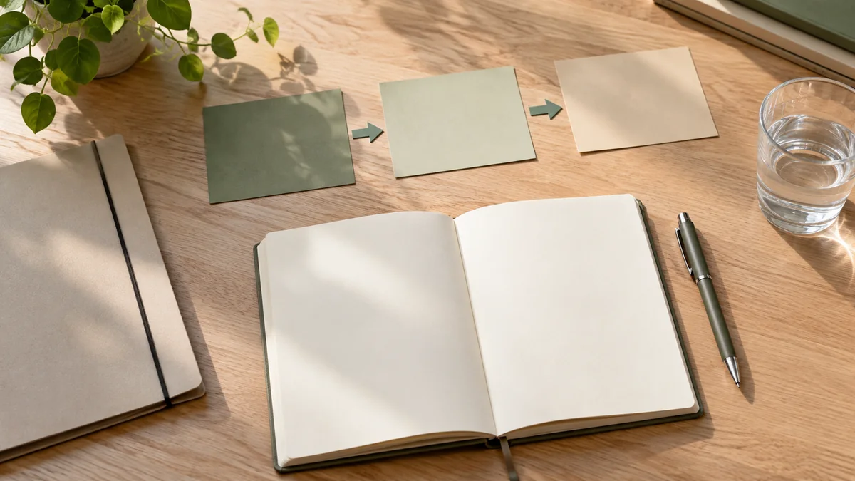 Offenes Notizbuch, Stift und drei geordnete Karten auf einem Holztisch als Symbol für gemeinsame Hilfeplanung