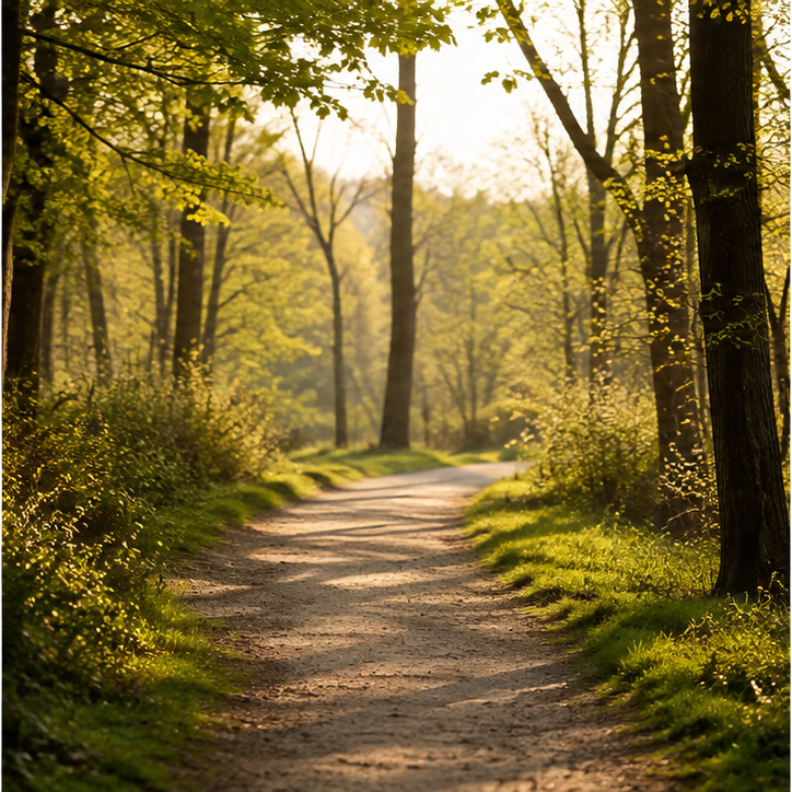 Sonniger Weg im Wald als Symbol für Reiseprojekt, Clearing und Orientierung