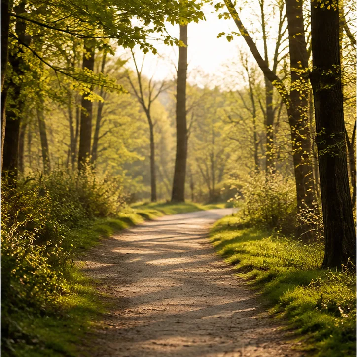 Sonniger Weg im Wald als Symbol für Reiseprojekt, Clearing und Orientierung